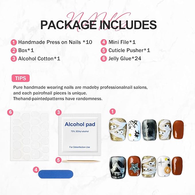 Halloween Handmade Press on Nails Golden Glitter Fake Nails Halloween Cute Mummy Spider Web Spider Designs Muti-Layer Gel Thick Acrylic Nails Full Cover Short Square False Nails for Women (Size M)