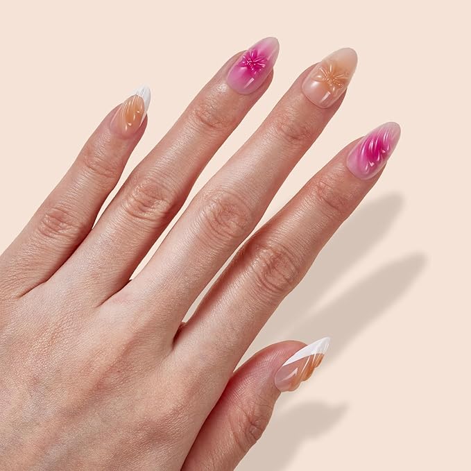 VSALON Press-On Nails Short Almond - Hot Pink & Nude 3D Design Bowknot Valentine French Tip Fake Nails, 42 PCS in 16 Sizes Nail Kit with UV Glue, Easy Tabs, Nail Glue & Remover (Barlow Girl)