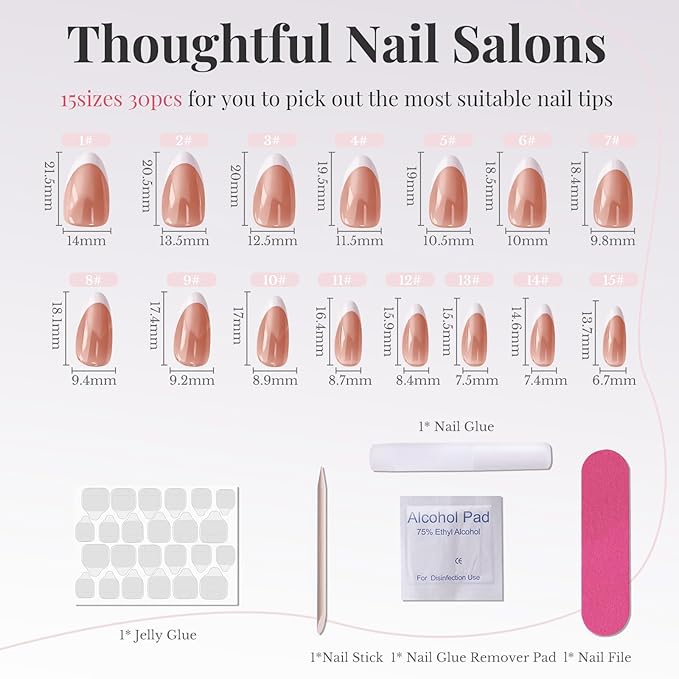 Press On Nails French Tip Almond - White Glossy Acrylic, Long Lasting Reusable Fake Nails with Glue, Adhesive Tabs, File, Prep Pad, Manicure Stick 30Pcs in 15 Sizes for Everyday or Fall