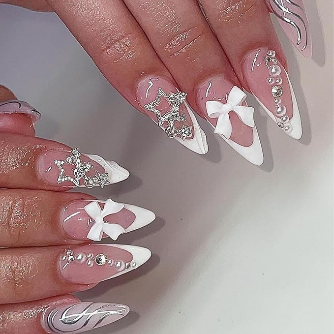 134PCS Nail Charms for Acrylic Nails,Silver Star Planet Cross Punk Pink Pin Billiards Nail Art Accessories,Nail Jewels for Nail Art Supplies Craft DIY