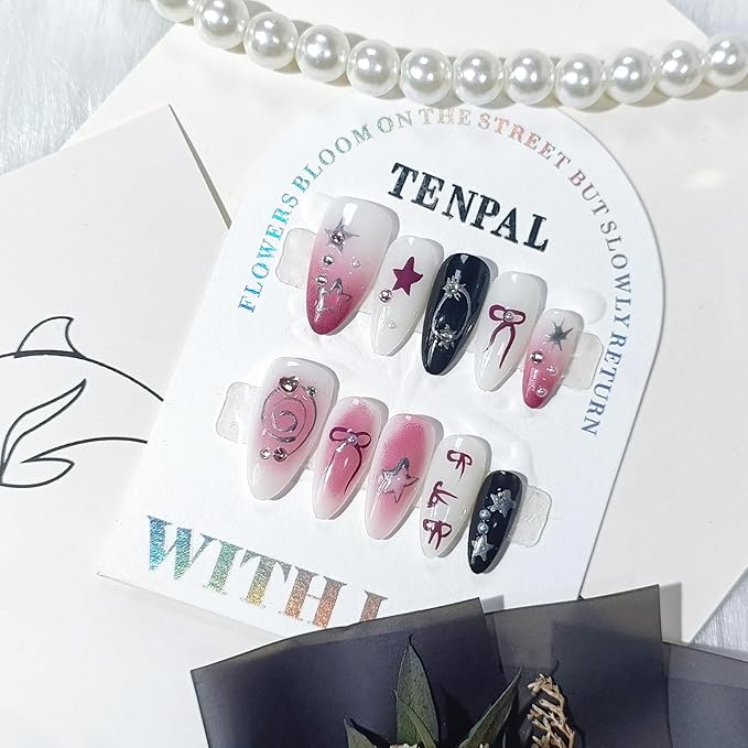 Hot Pink Press On Nails Almond Glitter Gradient White Black Almond Press on Nails Acrylic False Nails With Star Bow Designs 10pcs/Box Ballet Fake Nails Glue On For Women Girls(S)