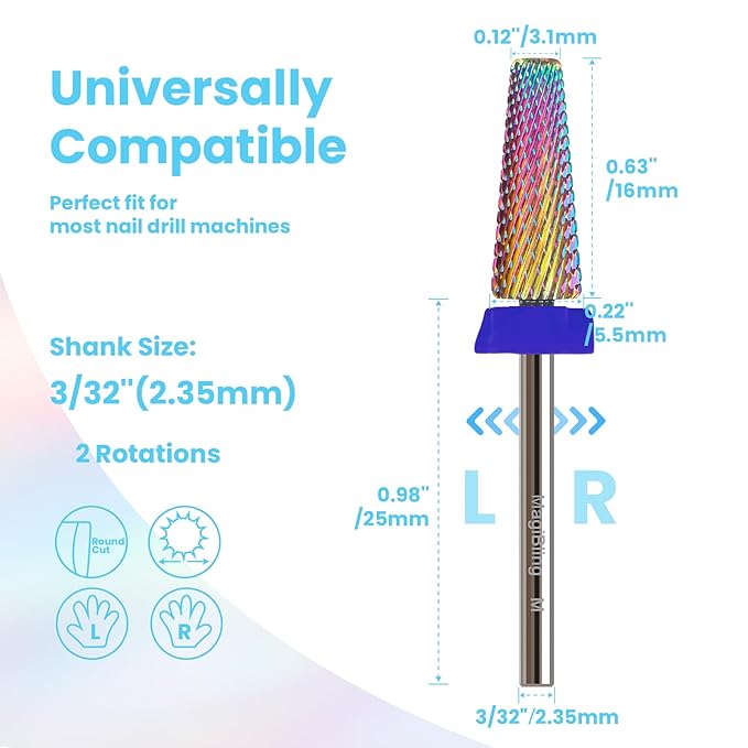 M 5 in 1 Nail Drill Bits, 16mm Tapered 3/32'' Professional Tungsten Carbide Bits for Efile, 2 Rotation for Electric Drill, Remove Thick & Soft Gel Fast, Manicure Cuticle Polish, Nail Techs Bit, Medium