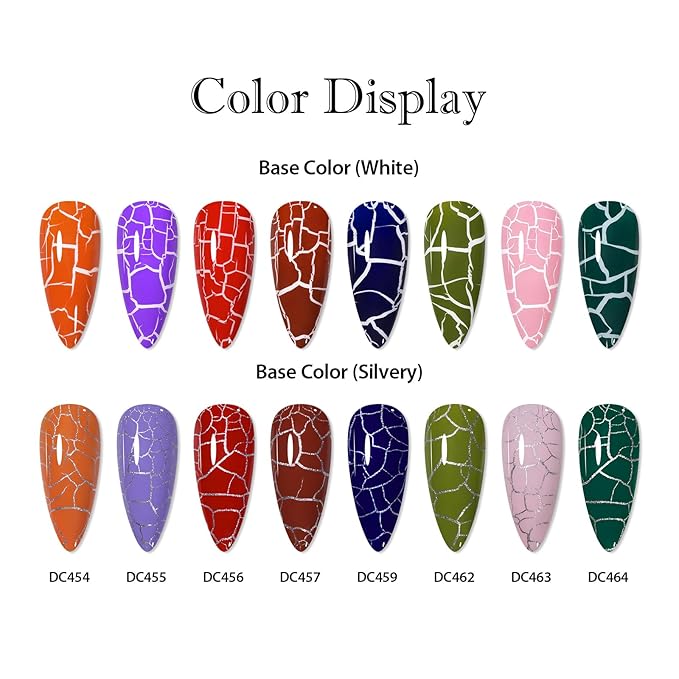 MTSSII 12pc Crackle Gel Nail Polish Set - 8 Colors (Red, Purple, Orange, Pink, Green, Blue) + White & Silver Gel Polish - Air Dry & UV LED Lamp Needed