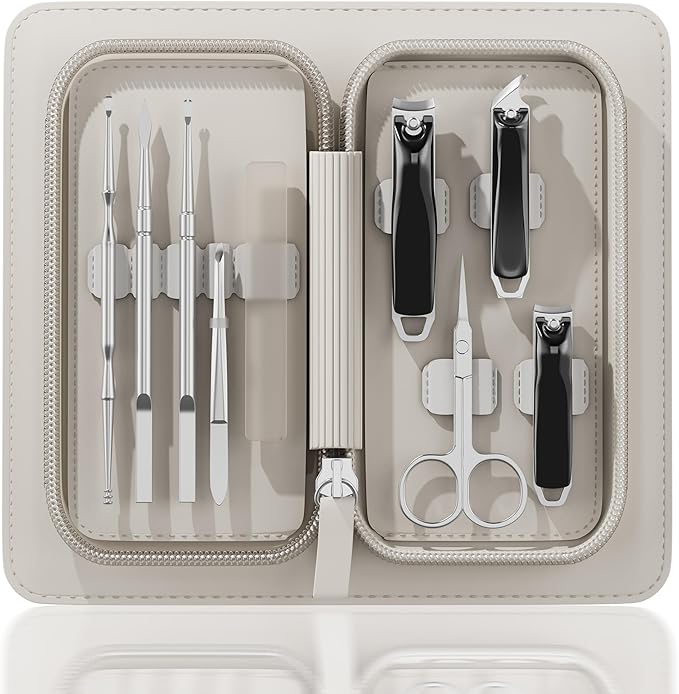 Nail Clippers Set Tweezers Scissors Manicure Grooming kit 9 in 1 with Zip Leather Case