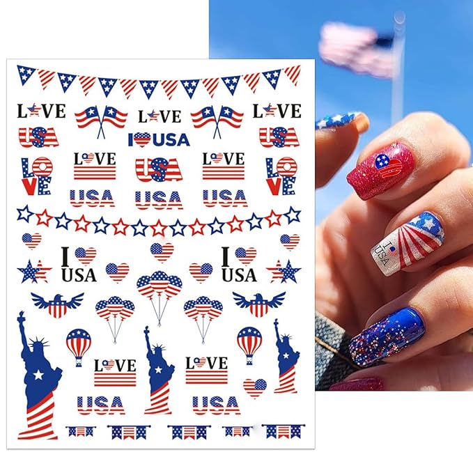 12 Sheets 4th of July Nail Stickers, USA Independence Day Patriotic Nail Decals, 3D Design Self-Adhesive Memorial Day Flag Star Nail Art