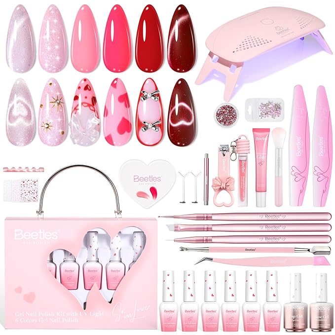 Beetles 30 Pcs Gel Nail Polish Kit with U V Light - 6 Colors Red Cat Eye Gel Polish Set Pink Jelly Glitter Sweet Date Collection with Heart Magnet Manicure DIY Salon Gifts for Mom Women Teens Girls