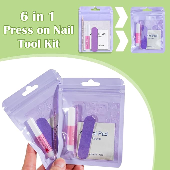 Press On Nail Tool Kit with Everything, Bebbtiy Nail Prep Tool Disposable Manicure Kit with Nail File, Nail Glue, Prep Pads, Adhesive Nail Tabs,Wood Stick, Packaging Ba (20pcs-purple)