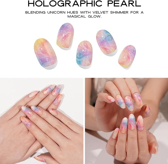 Semi Cured Gel Nail Strips with 20 Pieces - UV Gel Stickers, Manicure Kit, Easy Application Wraps Includes Prep Pads, Nail File, Wooden Stick - UV Light Required (Holographic Pearl)