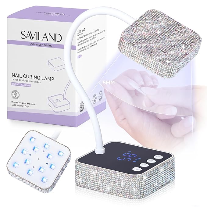SAVILAND Rhinestone UV Light for Gel Nails: 5X Faster 36W UV Nail Lamp Salon-quality Finish Smart Sensor 3 Timers Flash Cure Light Rechargeable 360° Flexible GooseNeck Salon Flash Cure Lamp