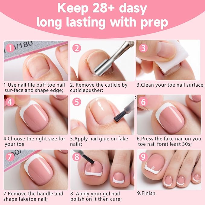 Toe Press On Nails Set,240PCS Short Square False Toenails Kit, Nude French Tip Stick On Toenails Glossy Full Cover Acrylic False Toe Nails For Women Girls Nail Art DIY Gift