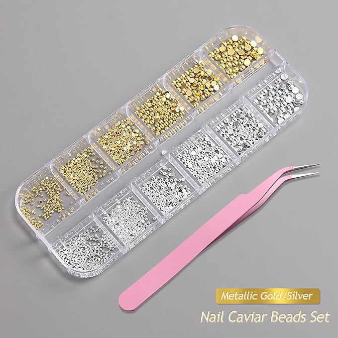 Gold & Silver Nail Caviar Beads, Mixed Size Half-Round Metal Nail Beads for Nail Art, Flatback Alloy Nail Decorations with Tweezers, Manicure Accessories, Balines para Uñas