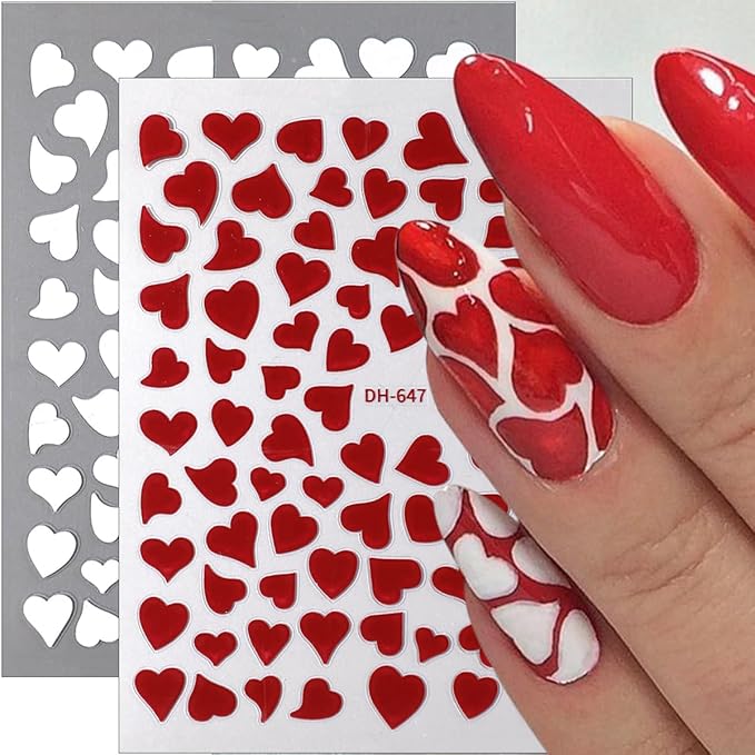 6Sheets Valentines Nail Stickers 3D Irregular Hollow Out Love Heart Nail Art Stickers Self Adhesive Romantic Valentines Nail Decals Colorful Heart Nail Decorations Supplies for Women DIY Manicure