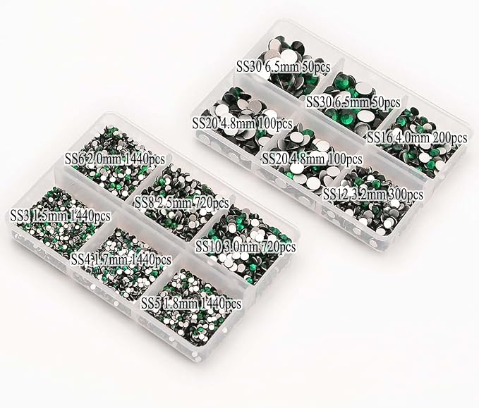 NCB 8000pcs Non Hotfix Rhinestones 10 Sizes Flatback Crystal Glass Rhinestones with Tweezers and Picking Pen for Nail Art Clothes Bags Phone Decorations Crafts DIY (010 Emerald Mix SS3-SS30)