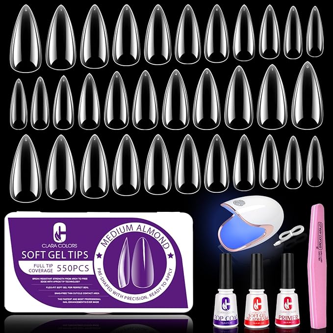 Clara Colors Nail Tips and Glue Gel Kit - 550Pcs Soft Gel Tips Medium Almond Shape