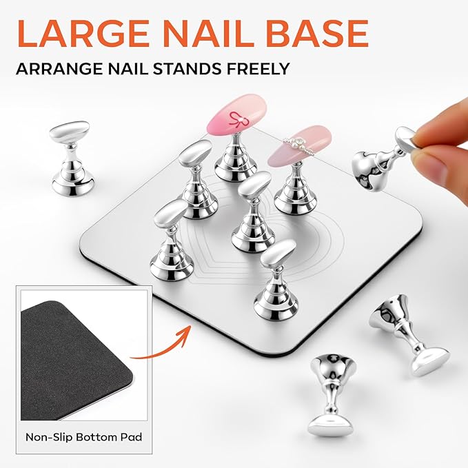Makartt Nail Stand for Press On Nails DIY: Non-Slip Strong Magnetic Metal Base 10 Holders 200 Sticky Tapes, Professional for Nail Art Painting, Display and Practice, Gifts for Beginners Salon Artists