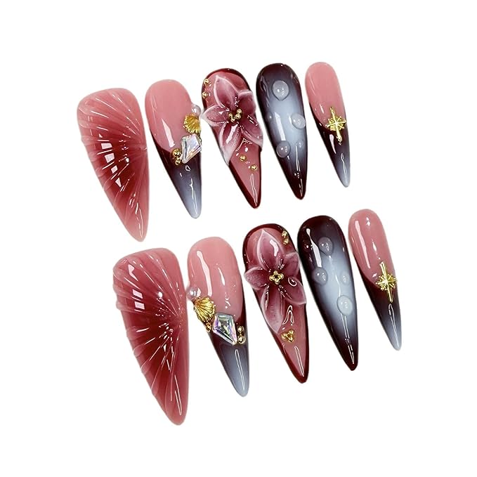 Handmade Press on Nails Long Almond Fake Nails Luxury 3D Flower Art Designs Salon Quality Acrylic Nails Ombre French Tip Sparkly Stick on Nail for Women Manicure 10Pcs (Size M)