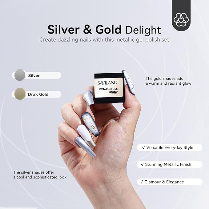 SAVILAND Metallic Gel Nail Polish Set: Silver & Gold Chrome Gel Polish 3D Metal Painting Gels Mirror Nail Polish Soak Off UV LED Chrome 3D Effect Nail Glue Gels for Salon Manicure Home DIY