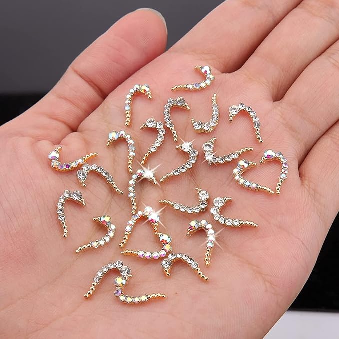 30 Pcs Heart Nail Art Charms,Gold Half Heart Shaped Nail Charms 3D with Rhinestones & Pearls,Symmetrical Heart Nail Jewelry White Gold