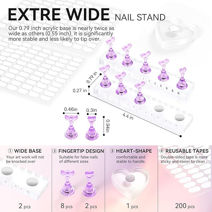 Nail Stand For Press On Acrylic Strong Magnetic Nail Holder Kit For Painting Nails Tip Arts Display With 200PCS Double-Sided Tape And 1 Heart Shaped Acrylic Magnetic Presson Stand (Clear And Purple, Medium)