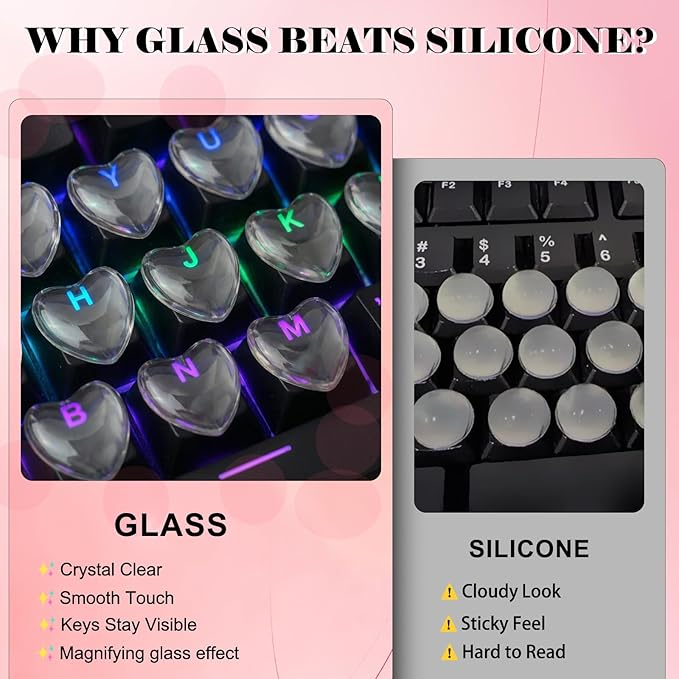 60pcs Keyboard Bubbles for Long Nails, Ergonomic Height Raised Glass Heart Key Covers, No-Residue, Reusable, Keyboard Stickers for Desktop Keyboards, External Keyboards, Calculator