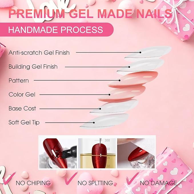 160Pcs Cat Eye Press on Nails Short Almond, 5 Colors Red Pink Magnetic Fake Nails, Salon Quality Soft Gel Glue on Nails with 16 Sizes, Shimmer Velvet Full Cover False Nails Kit for Women