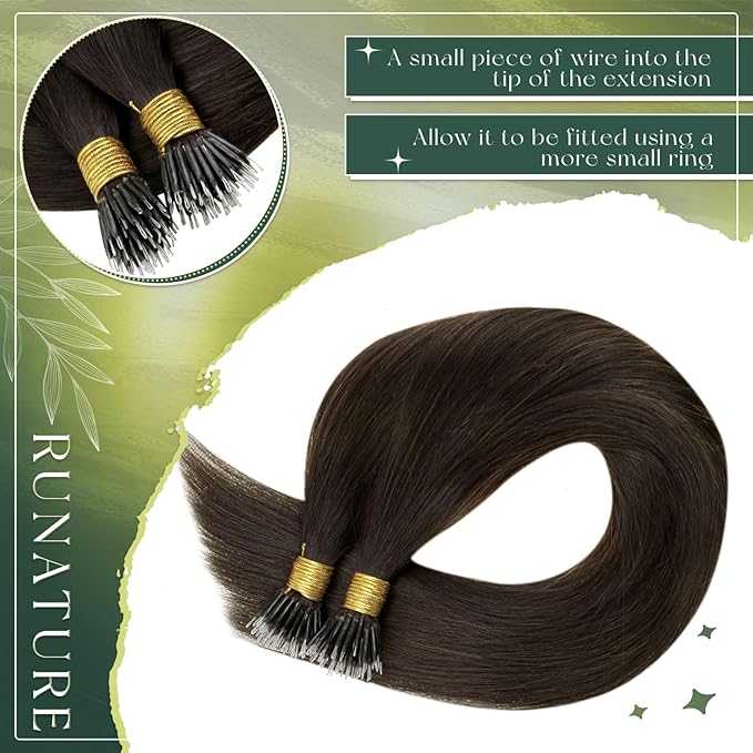 RUNATURE Nano Ring Human Hair Extensions Dark Brown Soft Human Hair Nano Bead Extensions Full Ends Nano Hair Extensions Straight Nano Link Extensions Real Human Hair 16 Inch 50 Gram 50 Strands