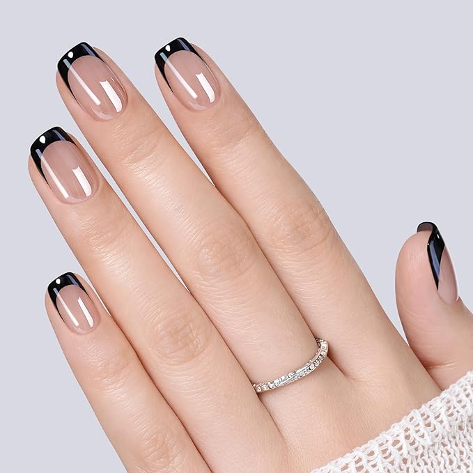 UNA GELLA 32Pcs Soft Gel Press on Nails - 16 Sizes Black Chrome Mirror French Tip Short Square Glue on Nails, Reusable Metallic Black False Nails, Acrylic Nail Kit for Women DIY Home Manicure