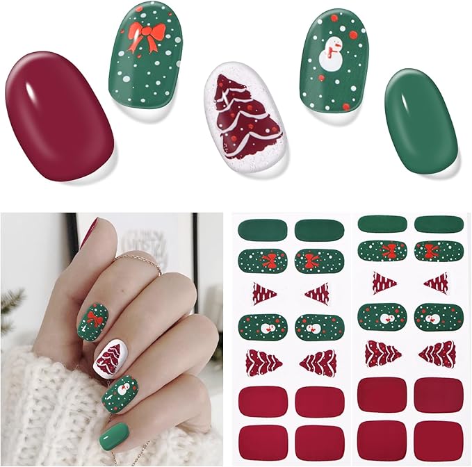 Semi Cured Gel Nail Strips, 28Pcs Christmas Nail Stickers/Wraps, Long Lasting UV Nail Polish Strips for Adults(Snowman Christmas Tree)