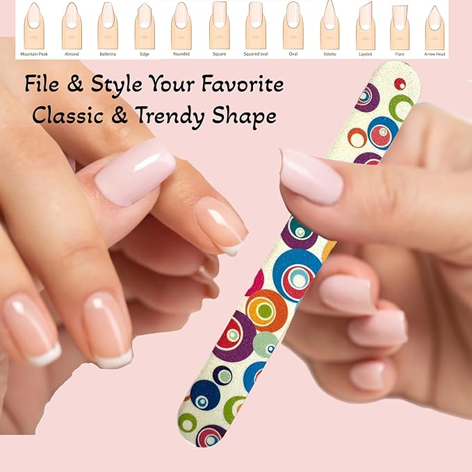 ALAZCO Set of 12 Dual-Sided Nail File Emery Board Heavy Medium Grit Cushioned Washable Easy Grip Comfortable Filing Smoothing Finishing Nails 6.5” Travel TSA Approved (Retro Circles)