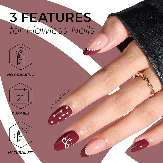 Modelones Dark Red Press on Nails Almond, Burgundy French Tip Polka Dot Bow Short Fake Nails, Reusable Nail Kit with Nail Glue Adhesive Tabs Nails Press Ons 32Pcs 16 Sizes, Women Girl Gift