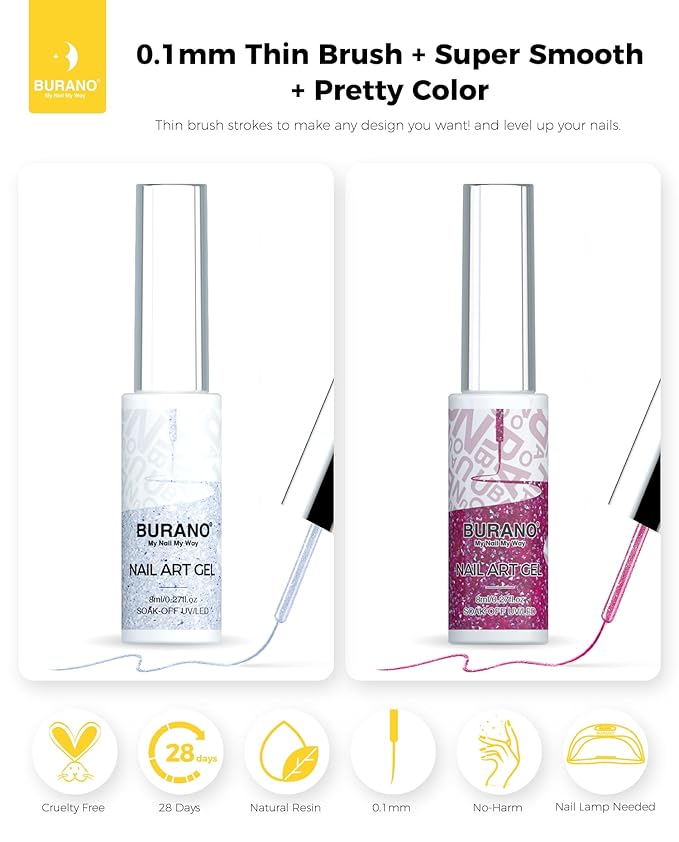 BURANO Gel Nail Polish Liner Nail Art Polish, Silver Gold Painted Gel Nail Design Polish 2 Bottle 8ml, Build in Thin Nail Brush Curing Required LX13 LX30