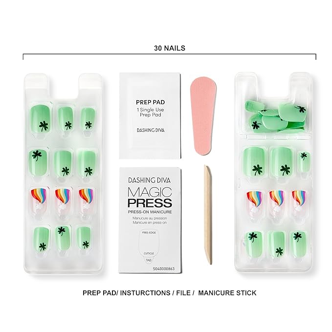 Dashing Diva Magic Press Nail Set - Over The Rainbow - Medium Square Press On Nails - Long Lasting Gel - Lasts Up to 10 Days - St Patrick's Day Gel Set - 4-Piece Manicure Kit with 30 Nails