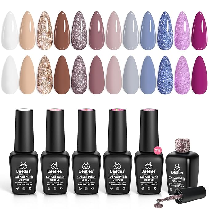 beetles Gel Polish Set, 12 Colors Brown Purple Blue Gel Polish Glitter Neutral Autumn Nails Design Soak off Uv Led Lamp Needed Soft Pulse Nail Art Design Gifts for Women