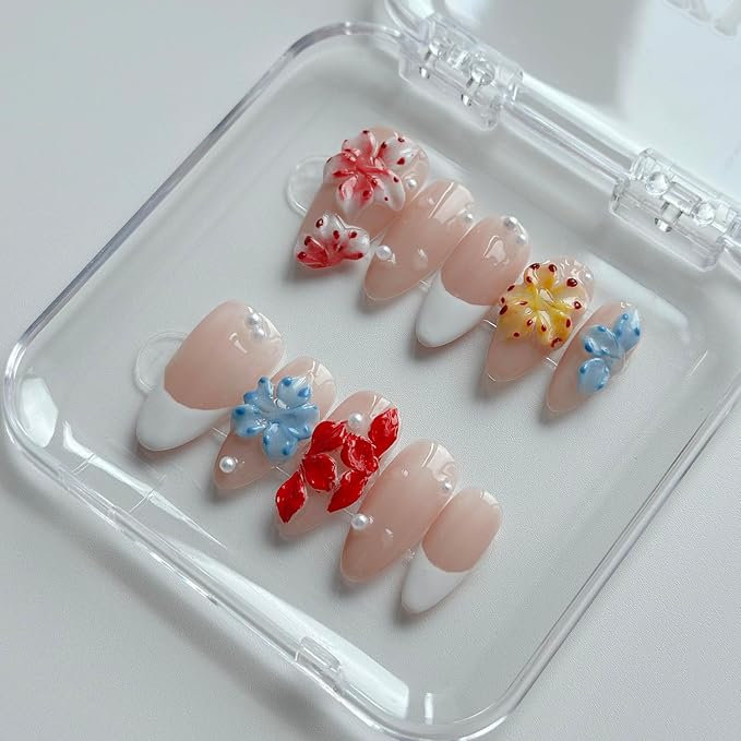 Luxury Press on Nails Medium Almond Handmade 3D Unique Reusable ABS Material Fake Nails White French Tip False Nails with Designs Polka Dots Pearls Flower Glossy Glue on Nail Thick Acrylic Nail(M)