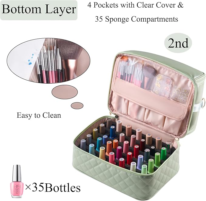 CTWWFS Nail Polish Organizer Holds 35 Bottles & Nail Lamp, Nail Organizers and Storage, Double Layer Nail Bag with Handle & Shoulder Strap for Travel, Nail Supplies Organizer for Manicure Kit (Green)