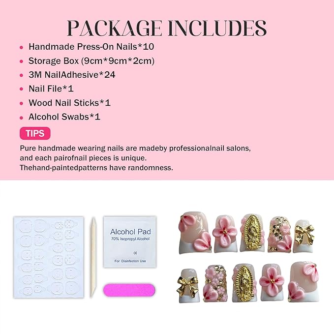 Handmade Press on Nails Short Duck Shaped Fake Nails White French Tip Muti-Layer Gel Fake Nails 3D Rhinestones Bow and Flower Designs Thick False Nails Full Cover Stick on Nails for Women (Size M)