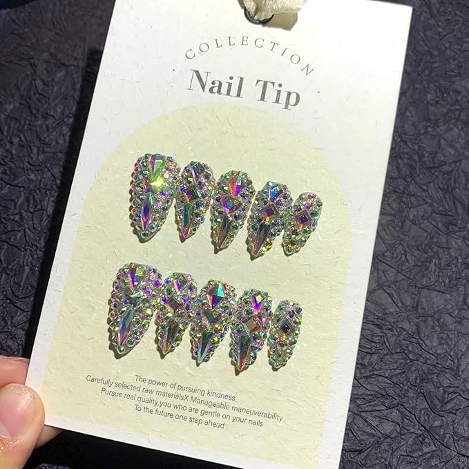 Handmade Press on Nails Luxury Reusable Fake Nails Medium Almond Stick on Nail Full 3D Colorful Diamonds Rhinestone Art Design Thicked Unique Acrylic Nail Manicure Kit for Women (M)