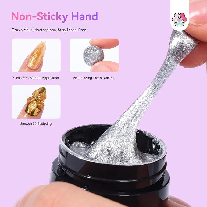 SAVILAND 3D Sculpture Gel Set: 6 Metallic 3D Nail Gel Sculpting Gel for Nail Art Molding & Extension, No-Wipe Non-Sticky Hand Carving Builder Nail Gels for DIY Manicure Home Salon Use