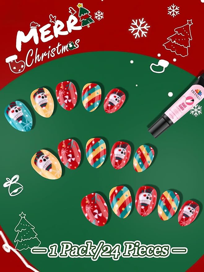 EBANKU Christmas Kid Press on Nails, 24Pcs Almond Fake Nails Kit Full Cover Christmas Design Stick on Nail with Nail Glue for Girl