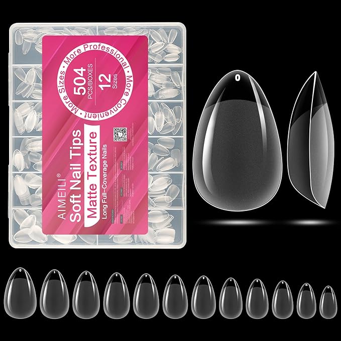 AIMEILI Extra Short Almond Fake Nails, 504pcs Pre-shape Gel Acrylic Nail Tips Press on Nails for Full Cover Nail Extension Home DIY Nail Salon 12 Sizes