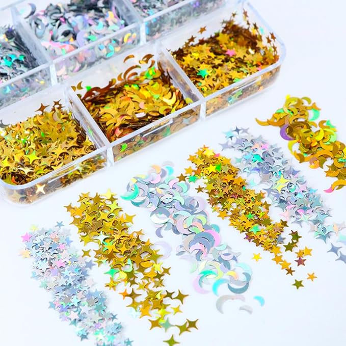 Nail Art Laser Gold Glitter Sequins Star Moon Manicure Sticker Silver Nail Decoration 6Grids