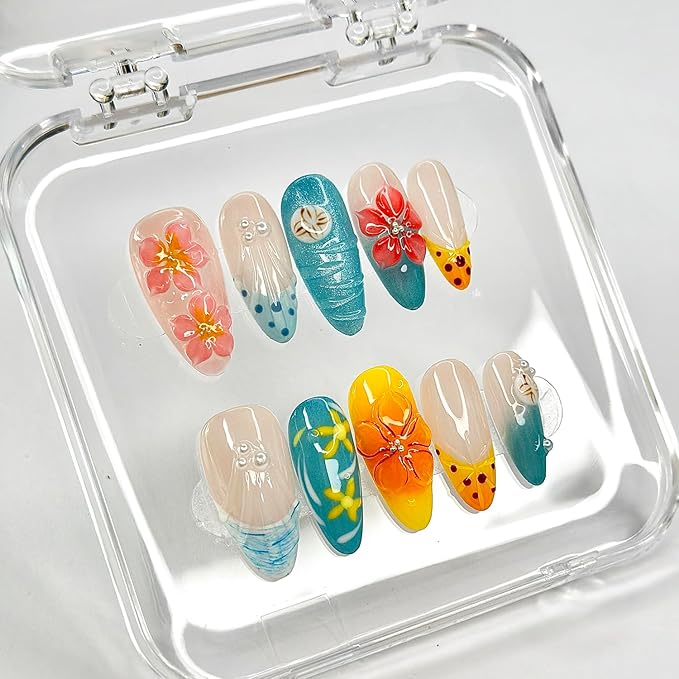 Luxury Press on Nails Medium Almond French Tip Handmade 3D Unique Reusable ABS Material Fake Nails Beach False Nails with Designs Summer Floral Art Petal Glossy Glue on Nails Thick Acrylic Nails(S)