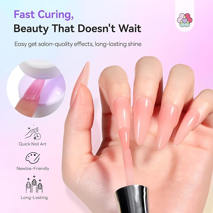 SAVILAND One-Step Gel Nail Polish Kit: Sheer Jelly Nude 5-In-1 Gel Polish Base Top Coat Builder Reinforcement In One Bottle with U V Light Quick Easy Manicure Home DIY Gift Travel Kit 15 ML