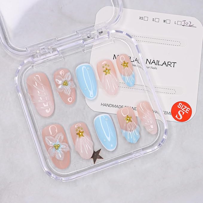 Flower Press on Nails Blue French Stick on Nails Short Almond Fake Nails Set Handmade 3D Flower Starfish Water Ripple Designs Thick Acrylic Nail Full Cover False Nail for Women (Size S)