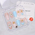 Flower Press on Nails Blue French Stick on Nails Short Almond Fake Nails Set Handmade 3D Flower Starfish Water Ripple Designs Thick Acrylic Nail Full Cover False Nail for Women (Size S)
