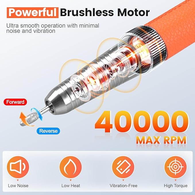 Professional Nail Drill, 40,000RPM Electric Brushless Nail Drill, Rechargeable, Portable, Touch Control, Quiet, Vibration-Free, Cordless Nail File Machine with 7PCS Drill Bits