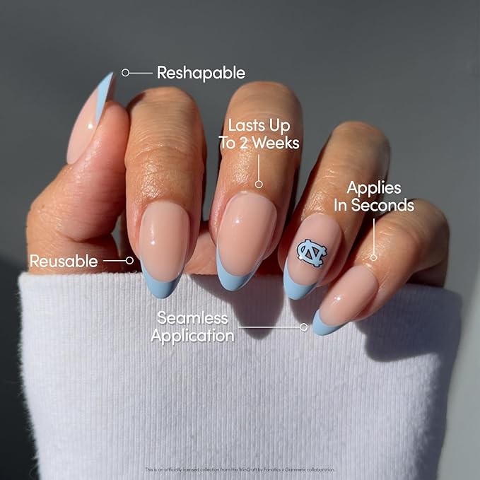 Glamnetic x Fanatics Press On Nails - North Carolina Tar Heels | Short Almond Fake Nails, Collegiate Tar Heels Blue French Tips, College Nails, Salon-Quality | 15 Sizes - 30 Nail Kit with Glue