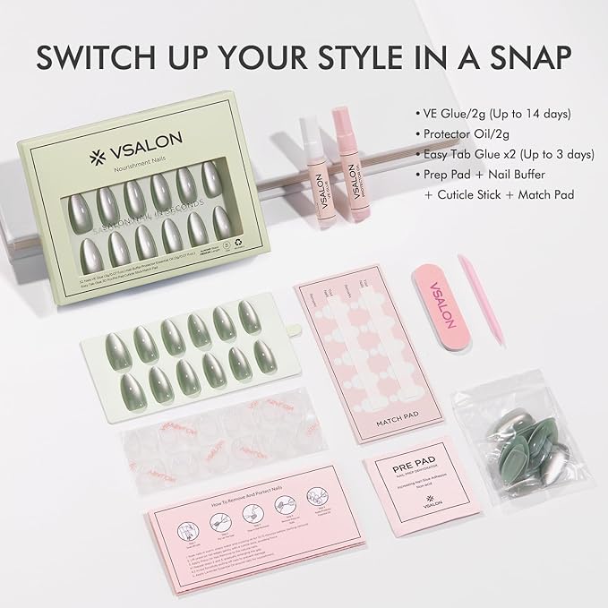 VSALON Press On Nails Medium Almond, Green Cat Eye Holographic Chrome Nails, Salon Quality Shimmer Fake Nails Kit - 32 PCS Stick on Nails in 16 Sizes with Glue & Cuticle Oil