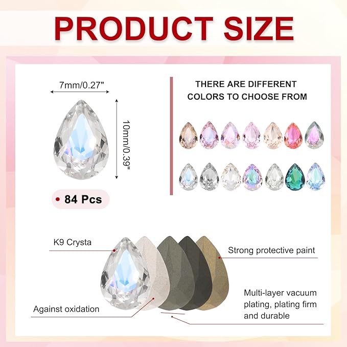 MECCANIXITY Teardrop Rhinestones 7x10mm, 84 Pcs Pointed Back K9 Glass Shiny Drop Shaped Rhinestones Crystal Gems for DIY Jewelry Making Crafts, Silver AB
