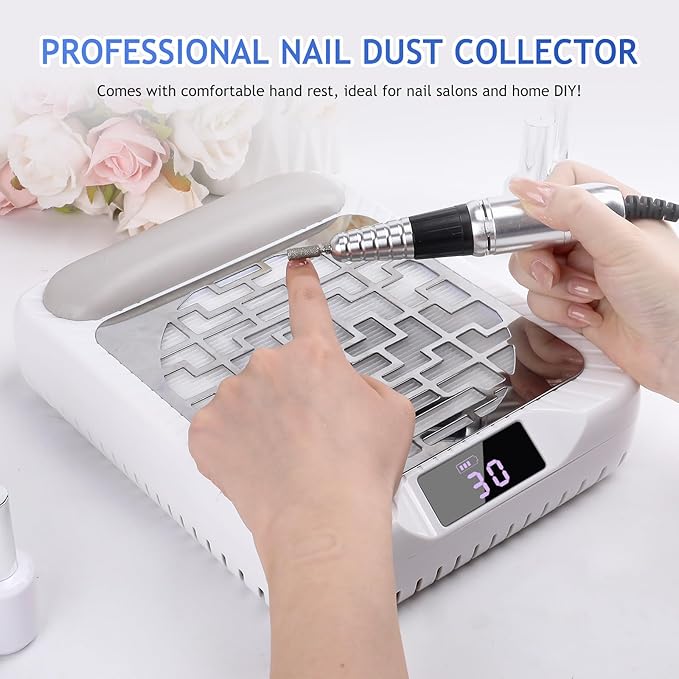 Rechargeable Nail Dust Collector, Professional Dust Collector Nail Tech with LED Display, Powerful Adjustable Nail Dust Cleaner Machine for Acrylic Nail Polishing & Salon use